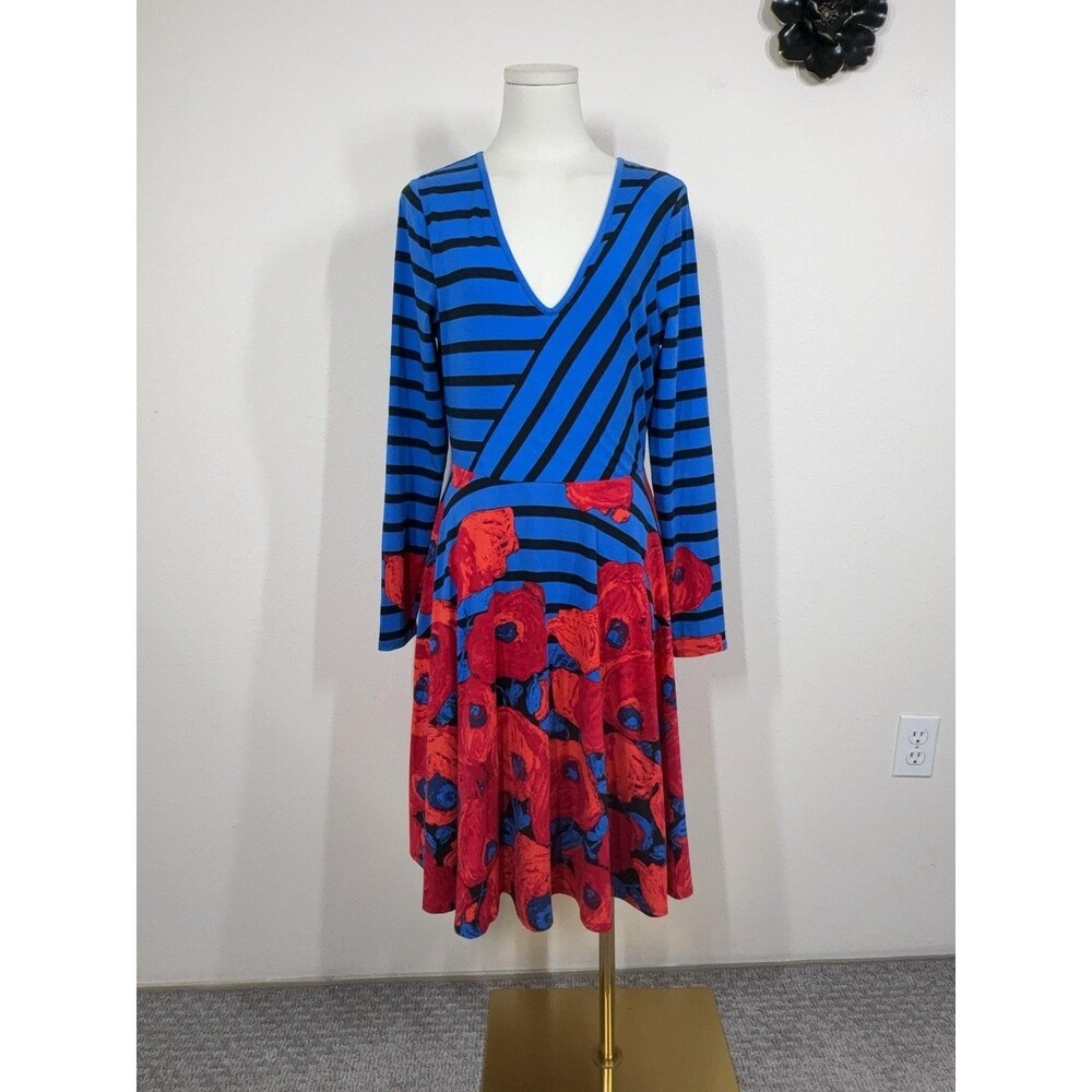 Tracy Reese Dress Womens Large Blue Floral Jersey Poppy Stripe Party Cocktail